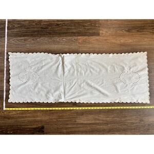 Antique Vintage White Cotton Table Runner 16" by 48" Embroidery Scalloped Edges